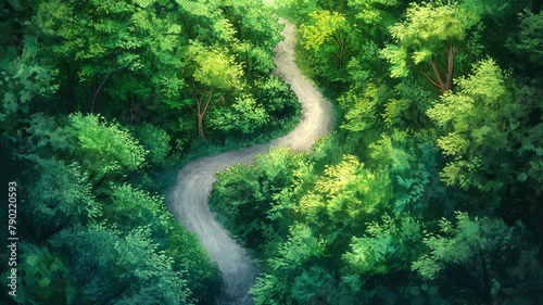 A winding road through a lush green forest