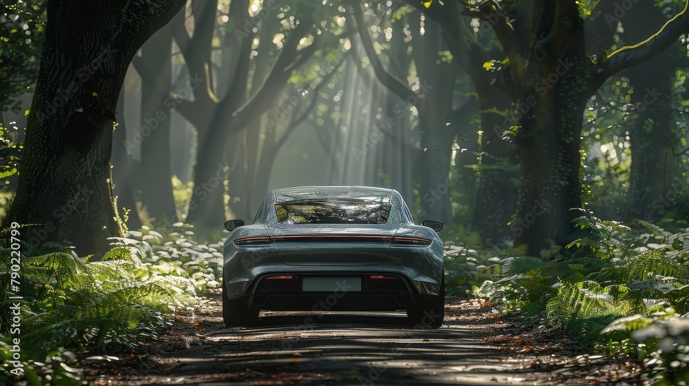 Luxurious electric sports car making its way through a sun-streaked forest, Concept of modern technology meets natural beauty and sustainability