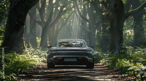 Luxurious electric sports car making its way through a sun-streaked forest, Concept of modern technology meets natural beauty and sustainability © Picza Booth