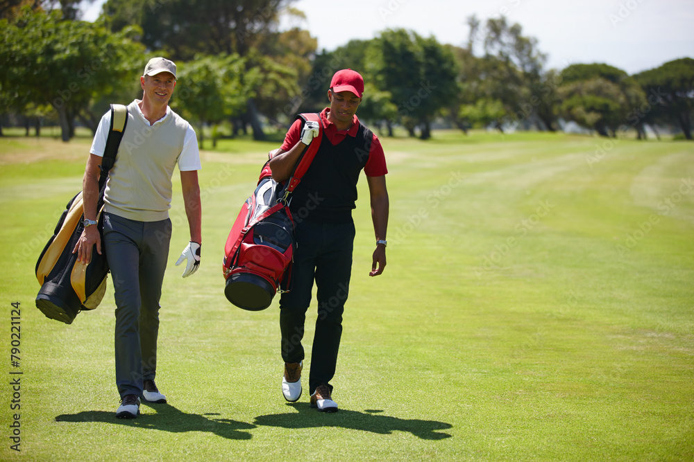 Fototapeta premium Walking, course and people outdoor for golf, game and training together at club in summer. Golfer, competition and men on grass turf in park with happiness from sport, event and healthy challenge