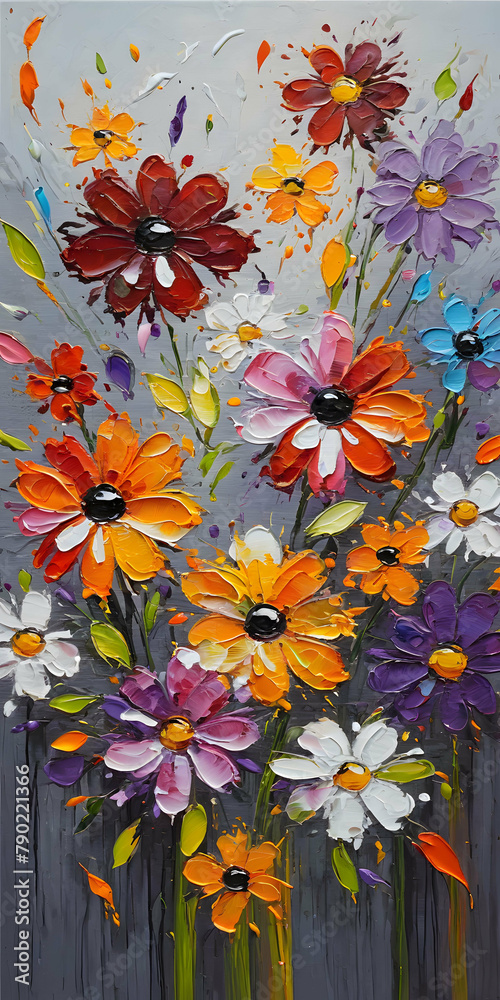 Home wall art, abstract oil painting with colorful flowers, knife painting, Vertical portrait orientation ready for print