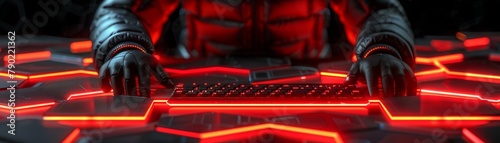 A hacker in a black jacket and gloves types on a futuristic keyboard with red podsvetkoi. photo