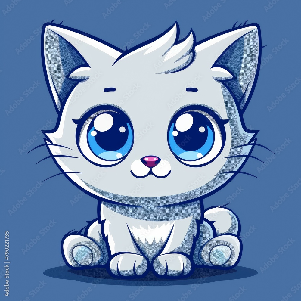 Flat Vector Logo of Chibi Cat Blue Background Flat Vector Logo of Chibi Cat Blue Background