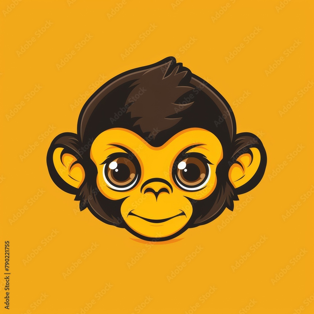 Chibi Monkey Flat Vector Logo Yellow Background