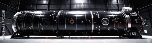 A large black cylindrical space rocket in a hangar photo