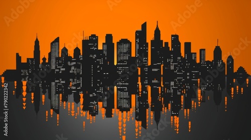 A large city skyline with orange background and black buildings. #790222342