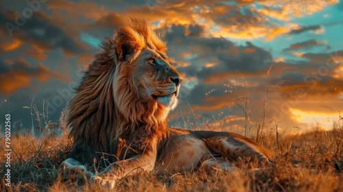 Regal Lion Lounging Savannah Under Kenya Sky © Custom Media