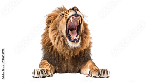Ferocious lion roaring with mouth wide open in a display of power