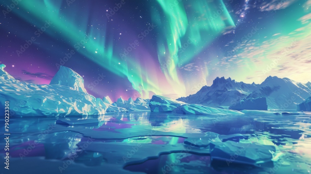 Aurora borealis illuminating Arctic mountains, icebergs, and snowy landscape