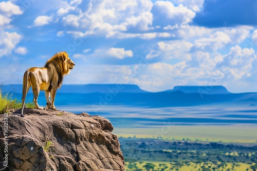 Majestic lion surveying vast plain from rocky hillside perch © ridjam