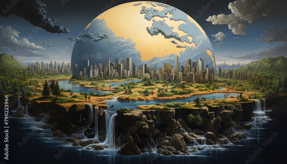 A surreal oil painting of Earth with a focus on human impact, integrating urban landscapes and natural wonders, symbolizing the interconnectedness of global inhabitants