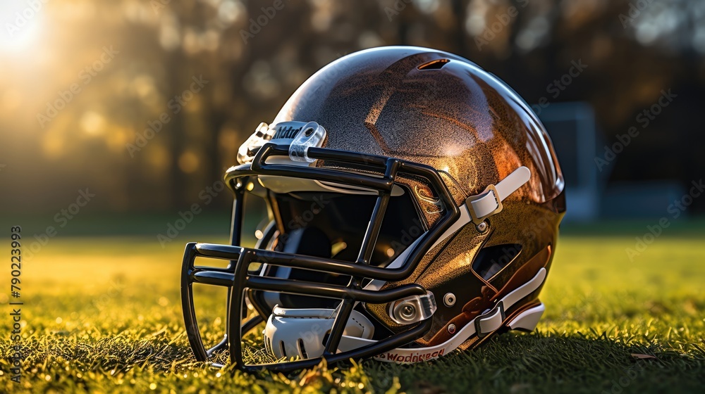 Closeup of an American football helmet on the grass with the field lines visible, highlighting the texture and design of the helmet - obrazy, fototapety, plakaty 