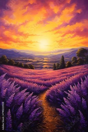 A detailed oil painting of a lavender field at sunset  with the warm light casting deep shadows and highlighting the purple hues