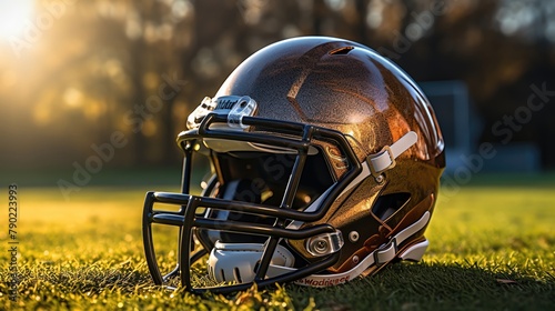 Closeup of an American football helmet on the grass with the field lines visible, highlighting the texture and design of the helmet photo