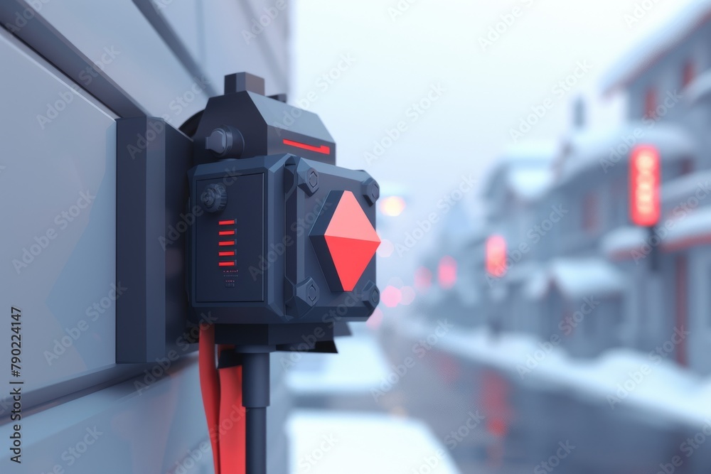 A red and black device attached to a wall with a red light on the front.