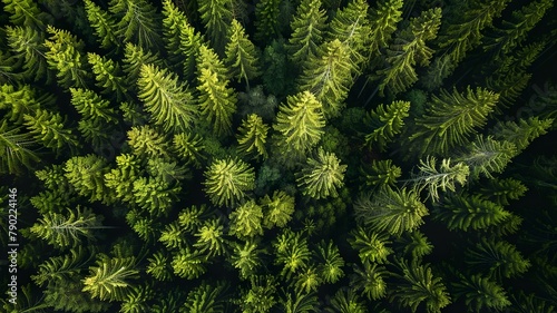 a wonderful landscape of a pine forest from a bird's eye view created by artificial intelligence