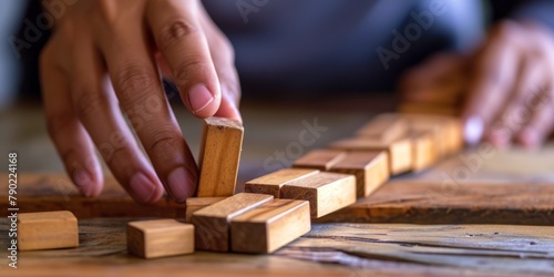 Hand Stopping the domino business crisis effect or risk protection concept, business solution and intervention