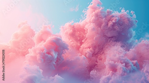 Playful puffs of pink clouds drift across a clear blue sky background, a relaxing dreamy atmosphere