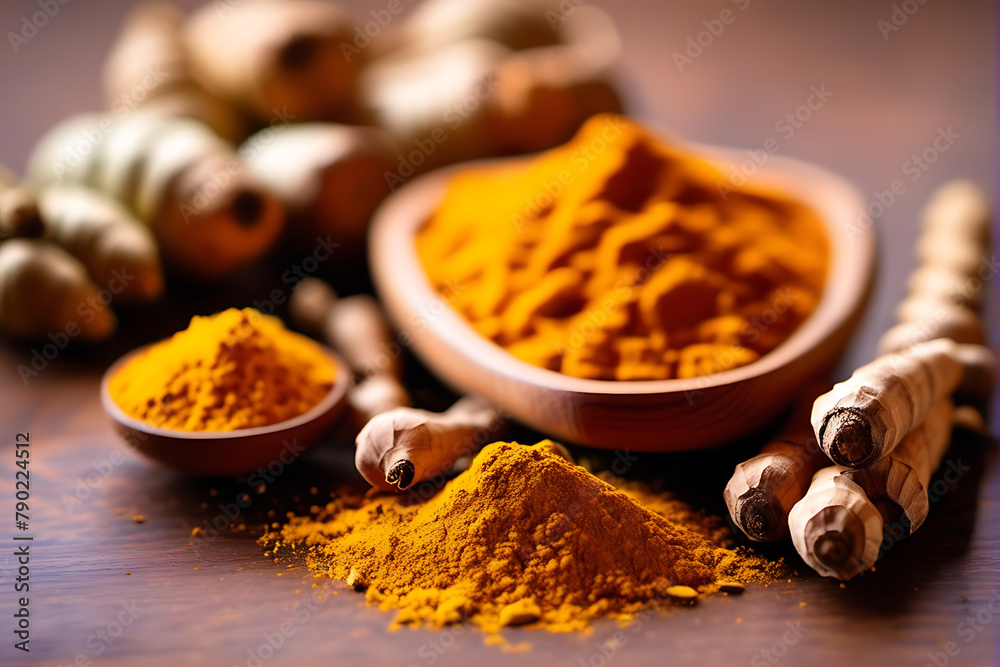 Indian Garam Masala, Haldi Powder, Indian spices, turmeric, Selective focus. Masala Powder is used to prepare Pav Bhaji, biryani and curry. Best for Indian popular street food. AI Generated. Indian Garam Masala, Haldi Powder, Indian spices, turmeric, Selective focus. Masala Powder is used to prepare Pav Bhaji, biryani and curry. Best for Indian popular street food. AI Generated.