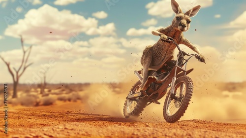 Kangaroo on a dirt bike, 3D model, red desert landscape, dynamic motion blur
