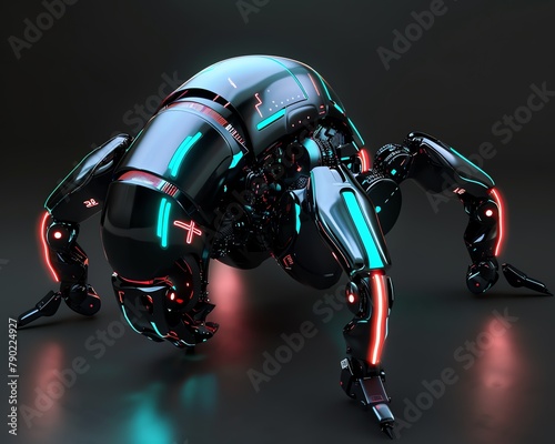Imagine a futuristic robotic creature with sleek, metallic surfaces and glowing neon accents in a CG 3D rendering that embodies technology and innovation