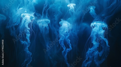 Electric blue jellyfish gracefully glide underwater