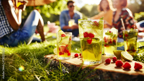 Mojito cocktail served on picnic, beautiful countryside, relaxing people in background