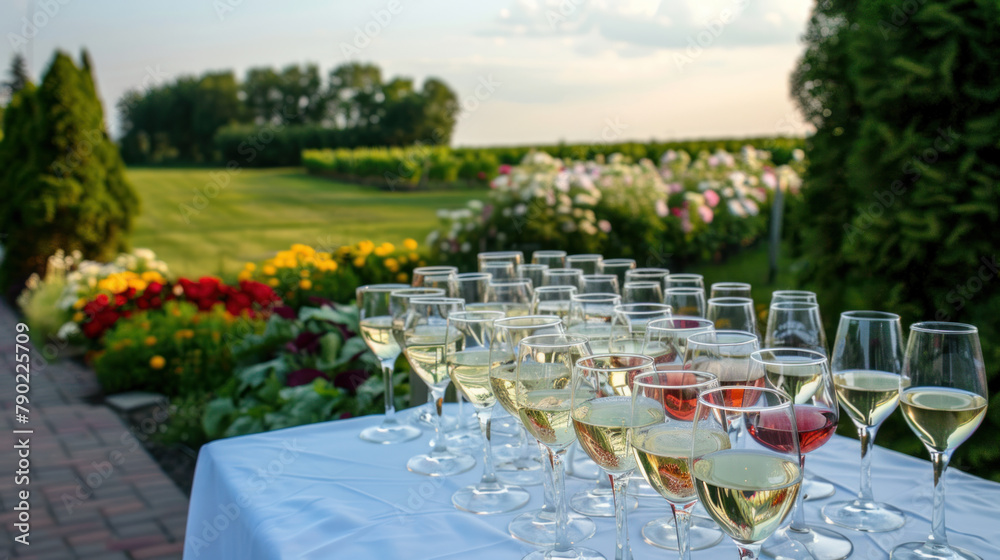 Winetasting event on summer patio, warm sunny weather