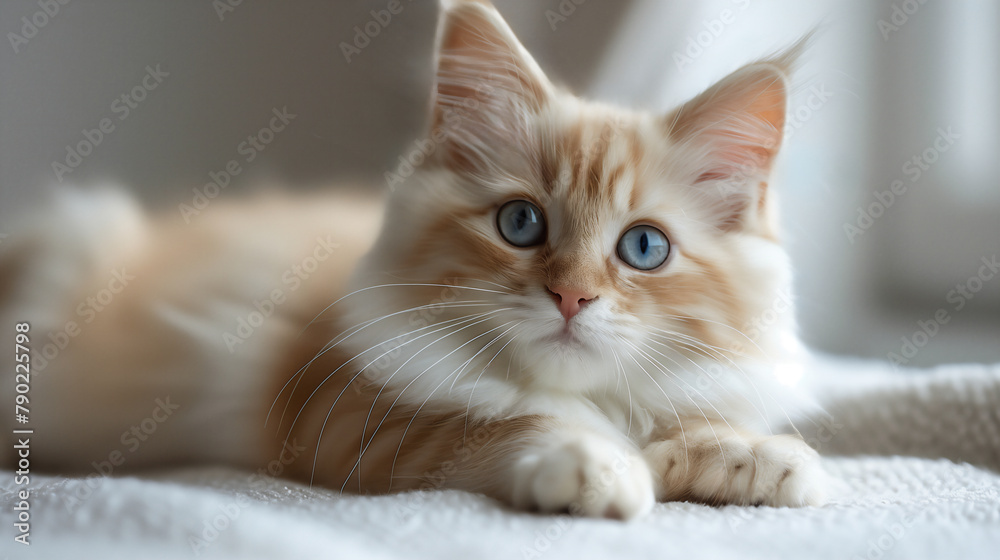 a white fluffy cat lying down with a curious and attentive gaze