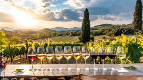 Wine tasting on summer patio, warm sunny weather, vineyards in the background © Kondor83