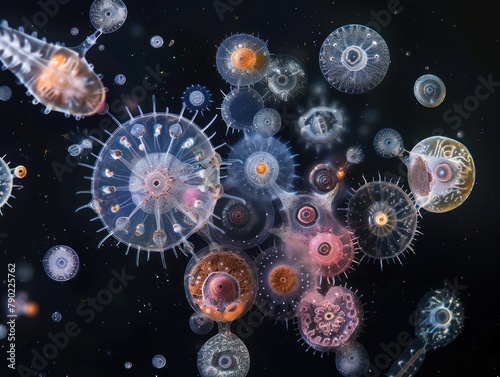 A beautiful and detailed image of a variety of plankton.