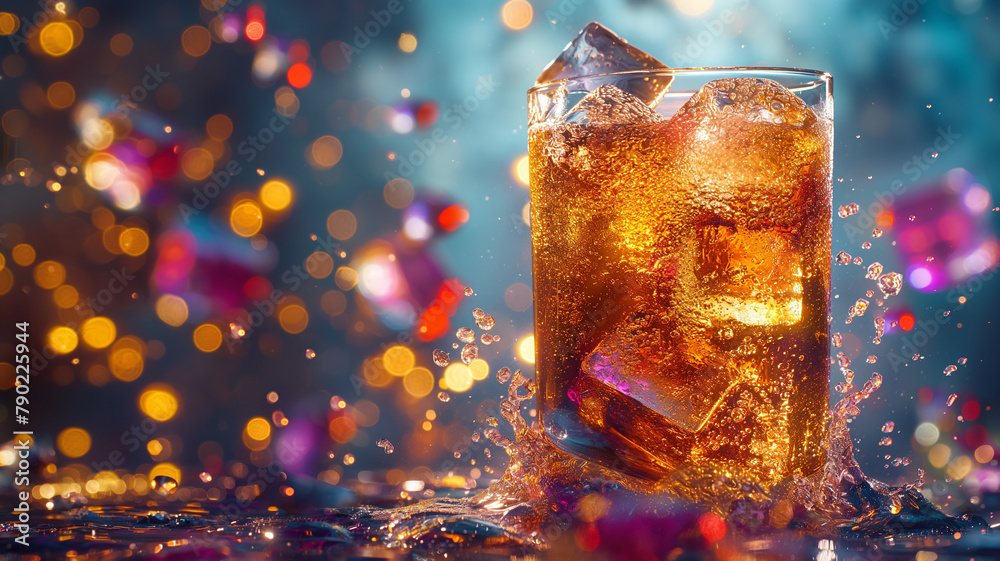 A glass of soda with ice cubes in it is splashing water A glass of soda with ice cubes in it is splashing water