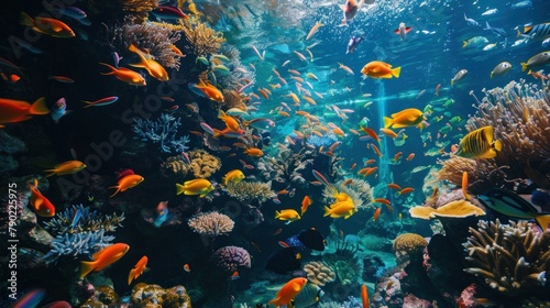 A beautiful underwater scene with many colorful fish and coral reefs. © Wavezaa