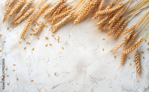 Wheat ear and grain on white background with copy space, top view. Grey concrete table with wheat ears of grass or rye, flat lay concept for mock up banner, blank text area, top view. 