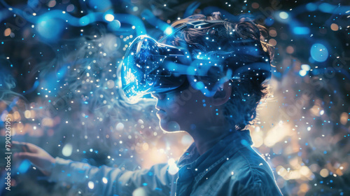 Small boy with virtual reality headset in abstract unreal space, new concept of education