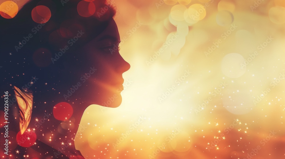 Silhouett of a young woman profile head against yellow glowing shimmering light for artistic celebration background Silhouett of a young woman profile head against yellow glowing shimmering light for artistic celebration background