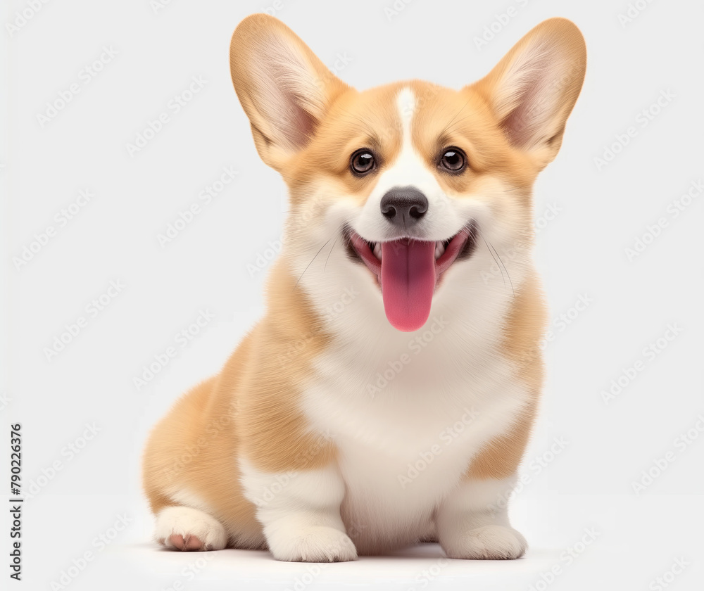 Smiling Pembroke Welsh Corgi Lying Down in A Studio Setting.  Corgi sitting with its tongue out and a happy expression against a white background. 