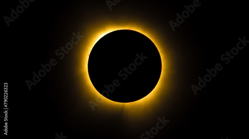 Color photo of a solar eclipse in totality with visible ring of fire and solar prominence. Copy space. Taken in Carbondale, Illinois, USA. April 8, 2024 © Del Henderson Jr    