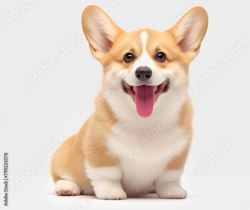 Smiling Pembroke Welsh Corgi Lying Down in A Studio Setting.  Corgi sitting with its tongue out and a happy expression against a white background. 