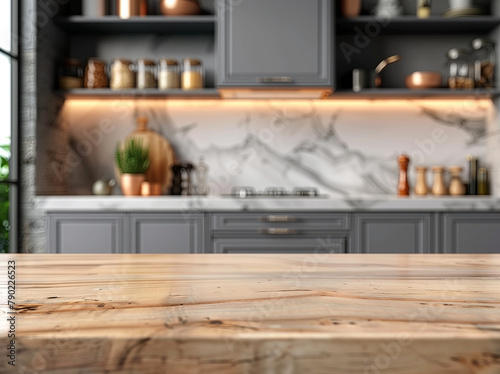 Modern Kitchen Interior With Wooden Countertop and Stylish Grey Cabinetry During Daytime. The backdrop features a marble backsplash  which complements the contemporary design  while soft lighting and 