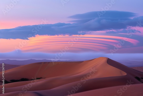 Minimalist desert, artistic cloud patterns, documentary to magazine style, twilight lighting, panoramic view © ItziesDesign