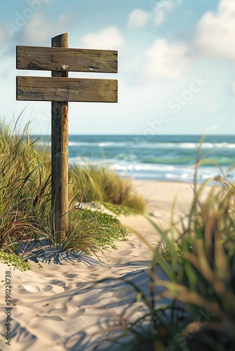Protected beach area, signpost in soft focus photo
