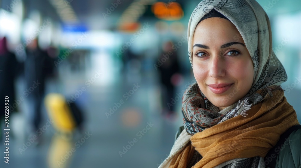 portrait of a beautiful muslim woman with hijab in an airport portrait of a beautiful muslim woman with hijab in an airport
