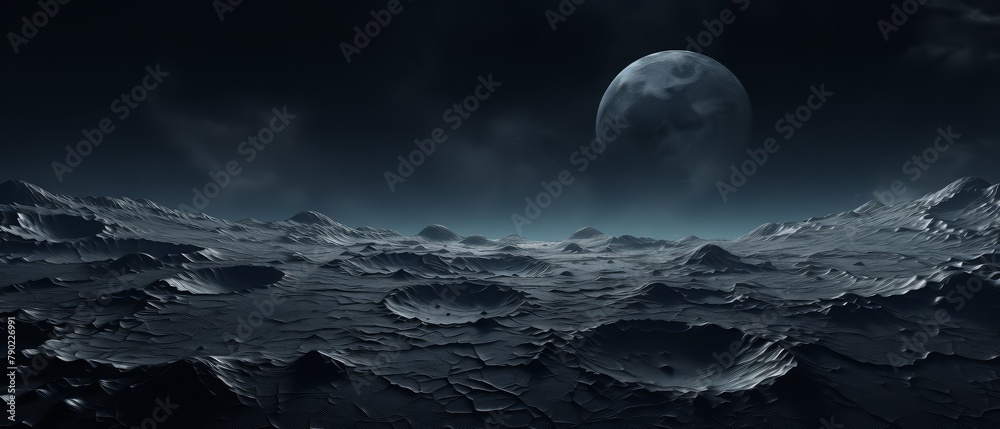 Realistic 3D moon surface with geometric craters, minimalist dark style,