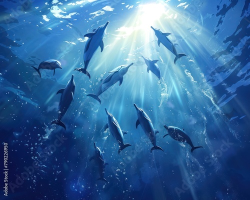 A pod of dolphins swims in the ocean.