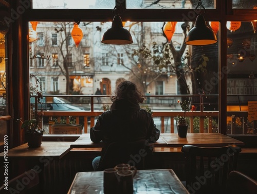 A person sitting in a cafe, looking out the window at the rain. photo