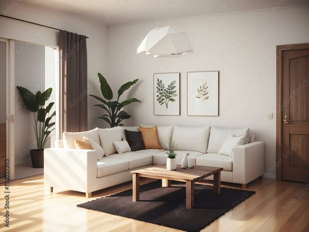 Fototapeta premium Modern living room interior with white sofa, wooden coffee table, and botanical artwork on the walls.