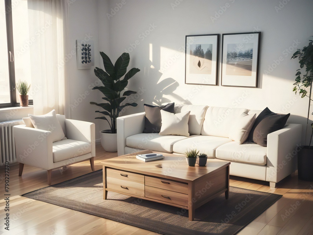 A modern living room with natural light featuring a white sofa set, wooden coffee table, and indoor plants. A modern living room with natural light featuring a white sofa set, wooden coffee table, and indoor plants.