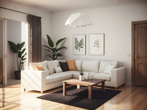Modern living room interior with white sofa, wooden coffee table, and botanical artwork on the walls. © home 3d
