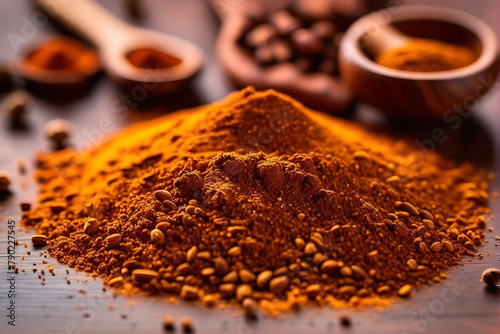 Indian Garam Masala Powder  Indian spices. Selective focus. Masala Powder is used to prepare Pav Bhaji  biryani and curry. Best for Indian popular street food. AI Generated.
